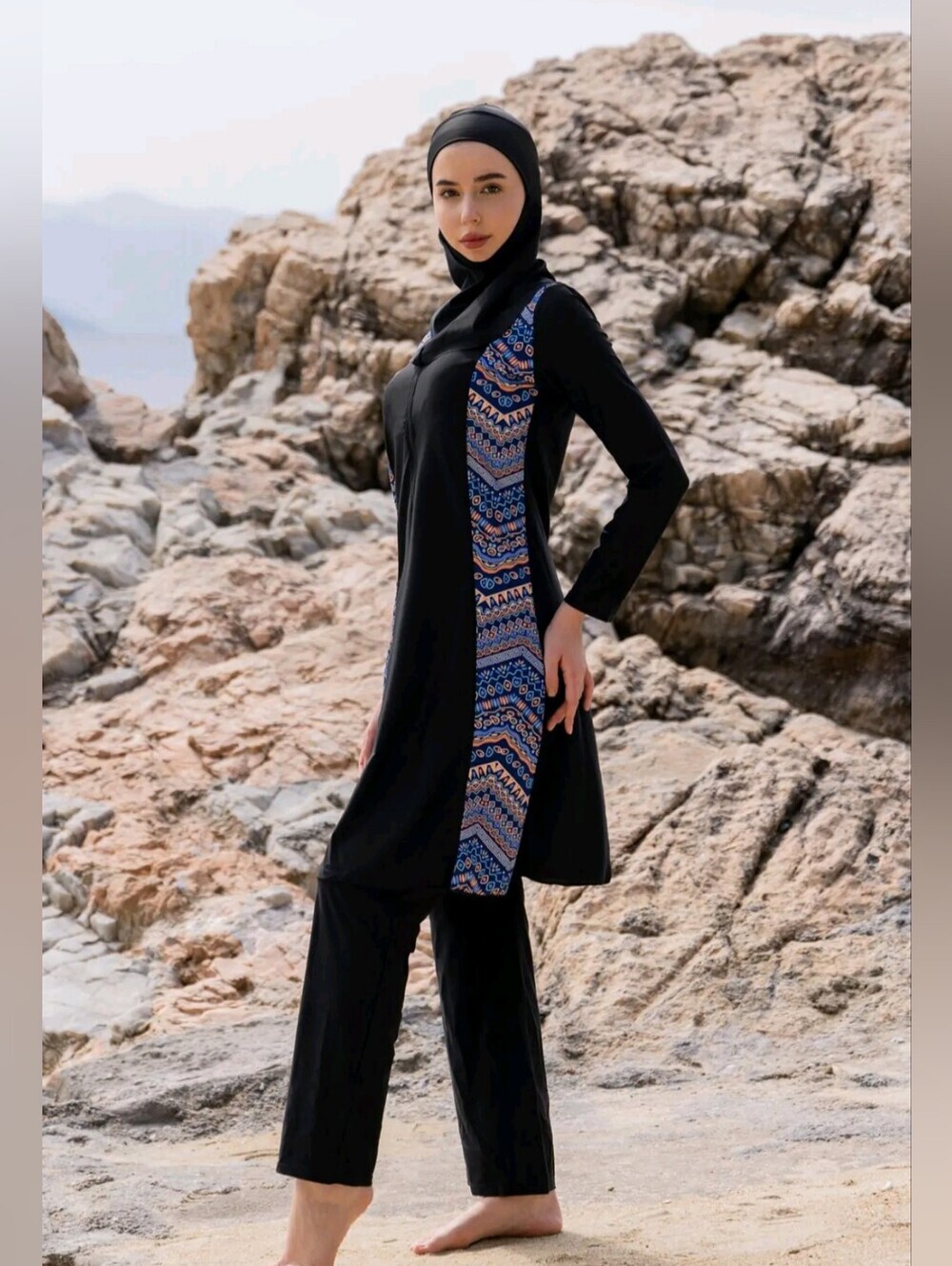 Modest Black Women's Burkini Set with Blue Patterned Sleeves